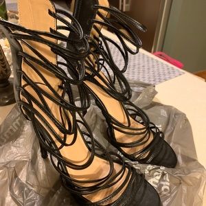 Black string ankle heels